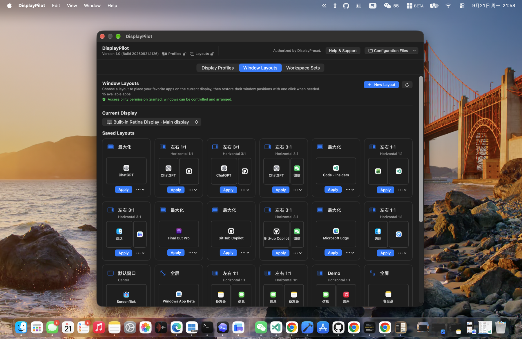 DisplayPilot Window Layouts screen