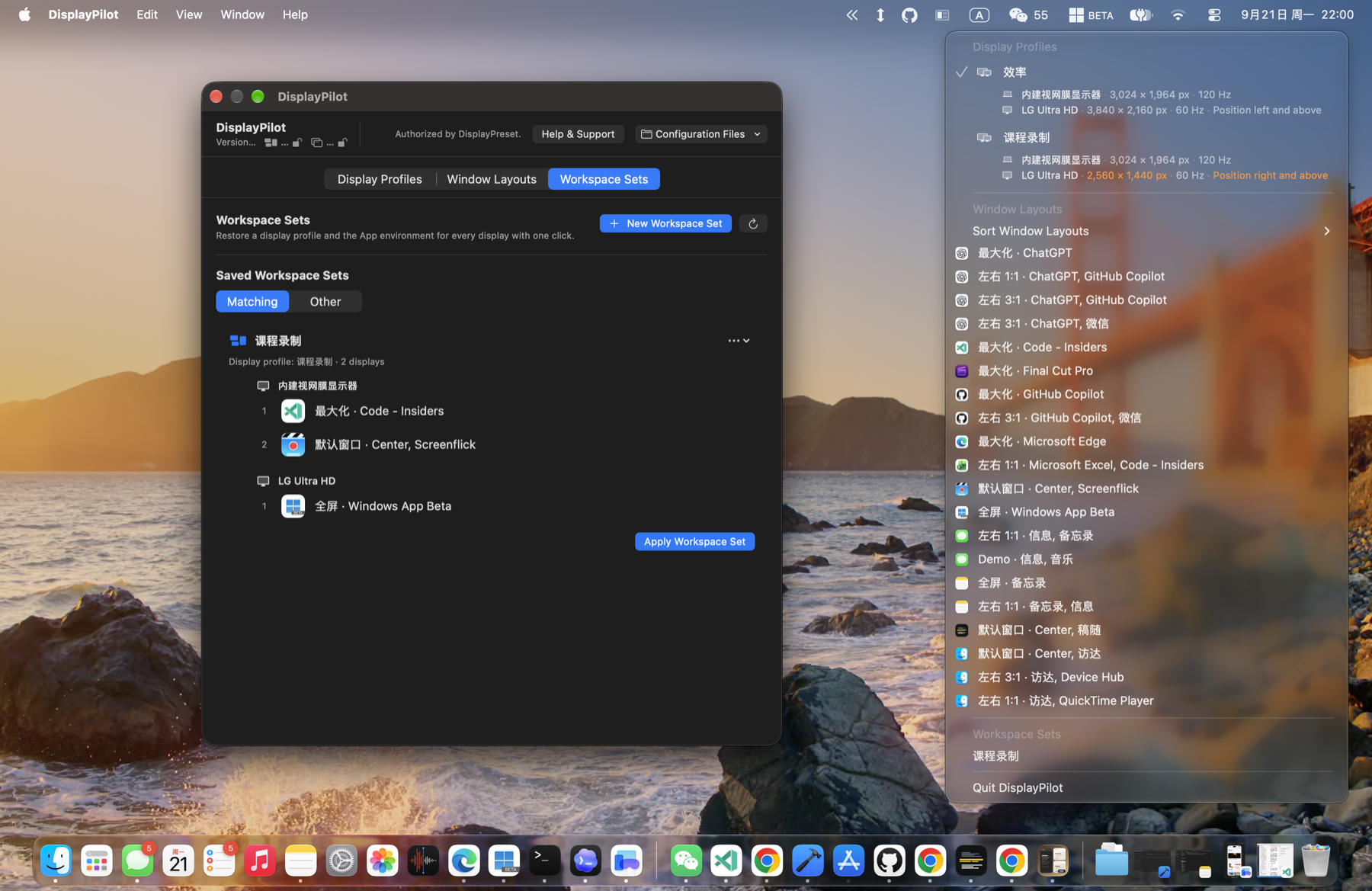 DisplayPilot Workspace Sets screen